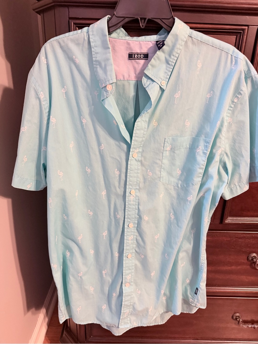 Izod Light Aqua Short-Sleeve Button-Down Shirt with White Embroidery